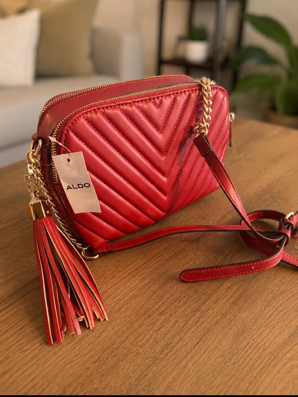 Aldo Red Quilted Leather Crossbody with Tassel